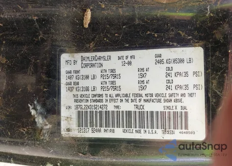 2001 Dodge Dakota Slt/Sport из США, поврежденный, VIN 1B7GL22X31S214272